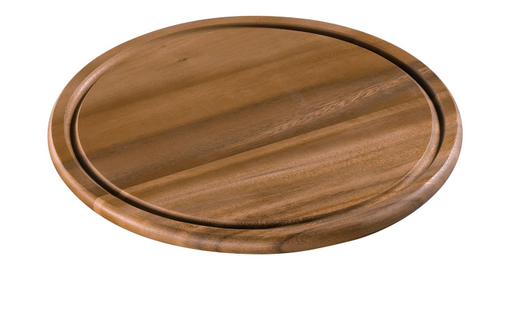 Die Käse-/Steakplatte Akazie 30 cm, rund mit gerillter Kante, ist in Naturholzfarbe auf weißem Hintergrund abgebildet.