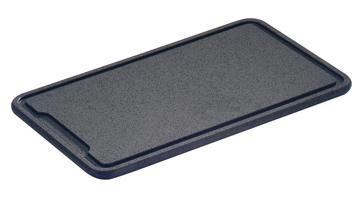 Das Tranchierbrett Profi 27 x 42 cm ist ein rechteckiges Schneidebrett aus anthrazitfarbenem Kunststoff mit einer Rille an den Kanten.