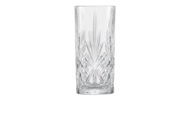 Zwiesel Glas Longdrinkglas Show 4er: klares Kristallglas, dekorativer Schliff, 7 cm Durchmesser, abgebildet auf weißem Hintergrund.