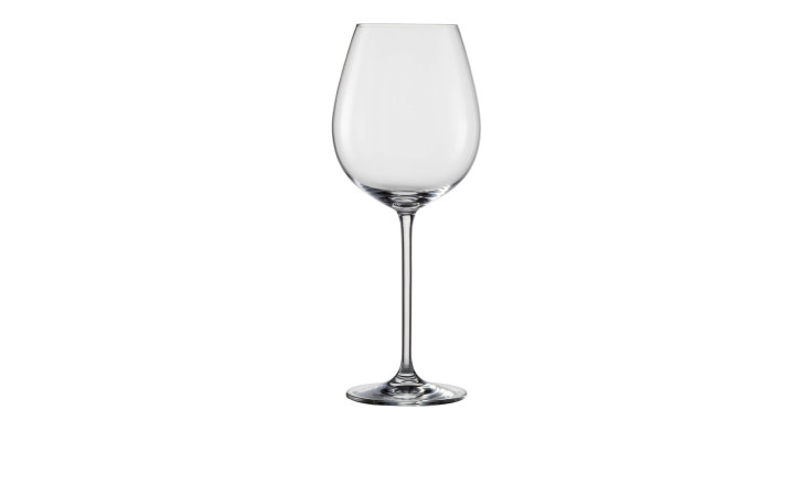 Das Zwiesel Glas Allroundglas Vinos 4er, 10cm Durchmesser, mit langem Stiel, steht mittig auf weißem Grund.