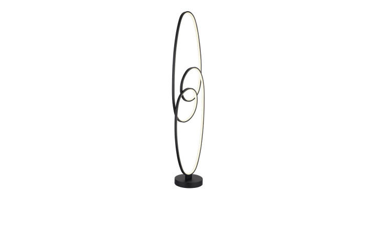 Globo LED-Stehleuchte Spira 122 cm: Schwarz, drei Aluminiumringe, integriertes LED auf rundem Sockel.