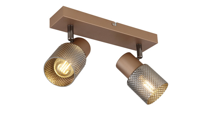 Zwei moderne Globo Strahler Satella 26 cm mit strukturierten Metallschirmen auf einem rechteckigen Sockel.