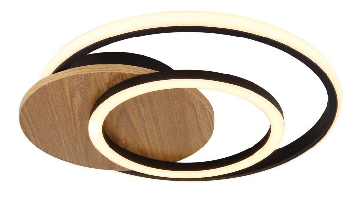 Globo LED-Deckenleuchte Julio 38 cm mit Sockel in MDF-Optik, zwei Ringen und mitgelieferten LED-Leuchtmitteln.