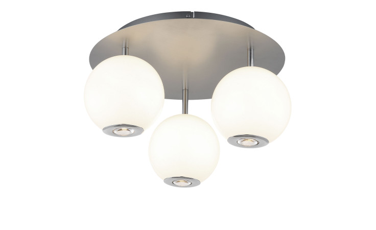 Die Globo LED-Deckenleuchte Simmons 42 cm besteht aus drei mattierten Glaskugeln auf einem runden Metallfuß.