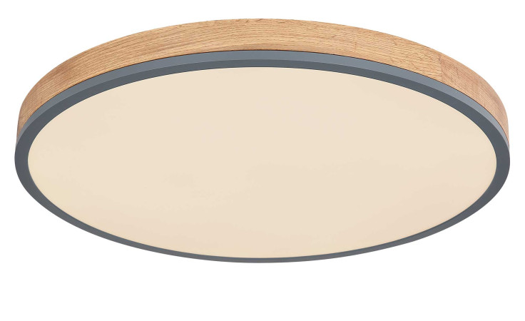 LED-Deckenleuchte Doro 60 cm von Globo, Holzoptik, schwarzer Rand, weißer Diffusor, Ansicht von unten.