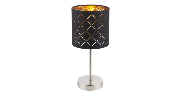 Tischleuchte Clarke mit einem silbernen Nickelfuss und einem Teytil Schrim in schwarz und Gold.