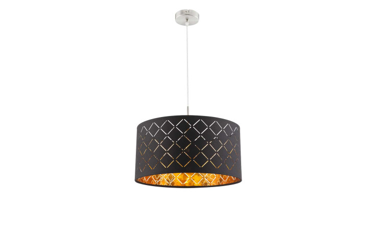 Pendelleuchte Clarke aus Nickel in silber und einen Schirm aus Teytil in schwarz und Gold.