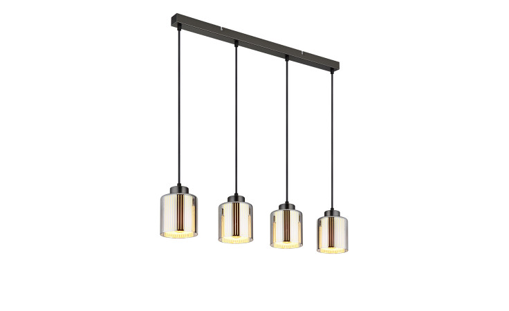 Die Globo Hängeleuchte Felicia 120 cm verfügt über vier Glasschirme in einer Reihe auf einer eleganten schwarzen Metall-Deckenhalterung.