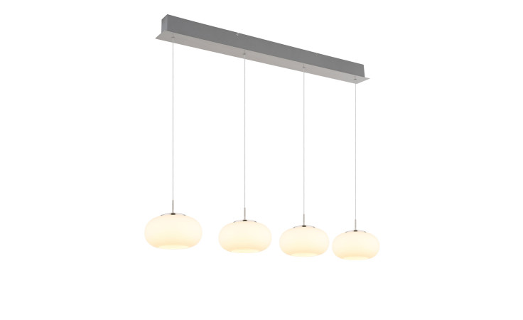 Die Globo LED-Hängeleuchte Quintara 150 cm besteht aus vier Pendelleuchten aus Milchglas auf einem eleganten Metallsockel.