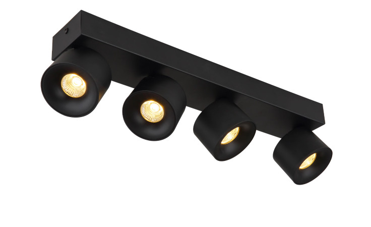 Globo LED-Strahler Rae 45,5 cm: schwarze Aluminium-Schienenleuchte mit 4 verstellbaren Spots und Glühbirnen, abgebildet auf weißem Hintergrund.