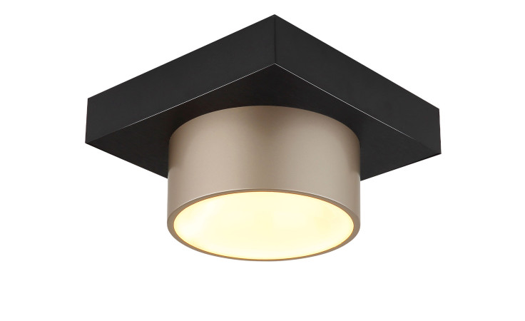 Die Globo LED-Deckenleuchte Raymond 20 cm hat ein modernes quadratisches Design in Schwarz mit einem zylindrischen Schirm in Gold.
