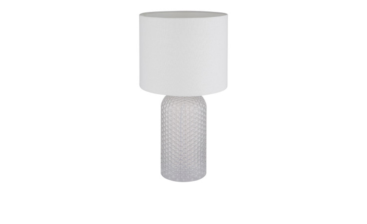 Globo Tischleuchte Sofia 50 cm: weiße Lampe mit strukturiertem Glassockel und einfarbig weißem Textil-Trommelschirm, abgebildet auf weiß.