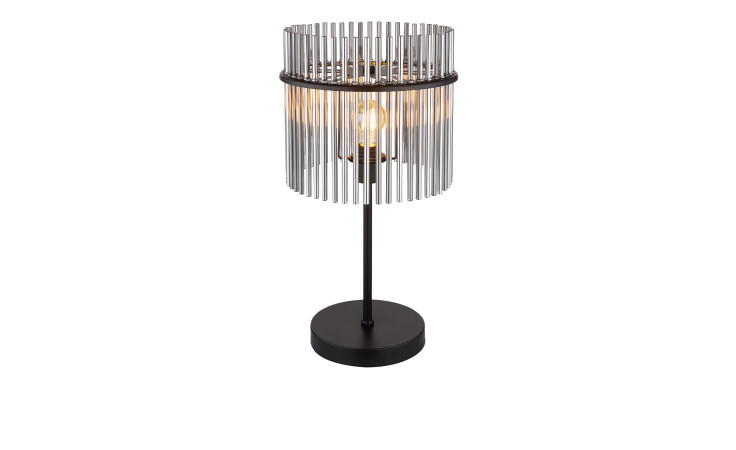 Globo Tischleuchte Gorley 54,5 cm mit zylindrischem Metallschirm, vertikalen Stäben und sichtbarer Glühbirne.