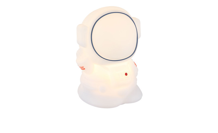 Das Globo LED-Akku-Nachtlicht Astro 14 cm, teilmontiert aus Kunststoff, leuchtet sanft auf weißem Grund.
