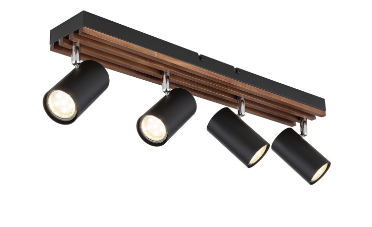 Die Globo Strahler Kayden 56 cm verfügt über vier verstellbare schwarze Zylinderstrahler auf einem Sockel aus Holz und Metall.