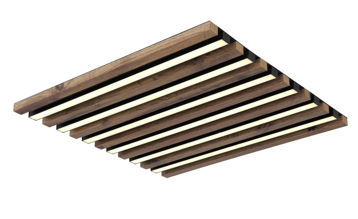 Globo LED-Deckenleuchte Hayden 45 cm mit abwechselnd MDF und beleuchteten weißen Lamellen, von unten gesehen.