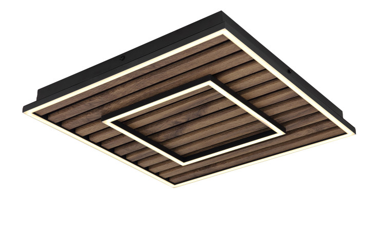 Globo LED-Deckenleuchte Woody 45 cm: moderne quadratische Leuchte mit MDF-Lamellen, LED-Einfassung und geschichtetem geometrischem Design.