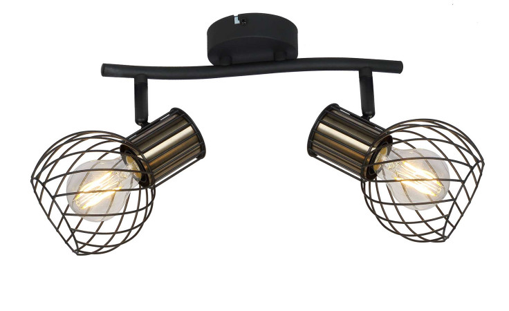 Zwei verstellbare Strahler Argusto 29,5 cm von Globo mit schwarzen Metallkäfigen auf gebogener Stange.