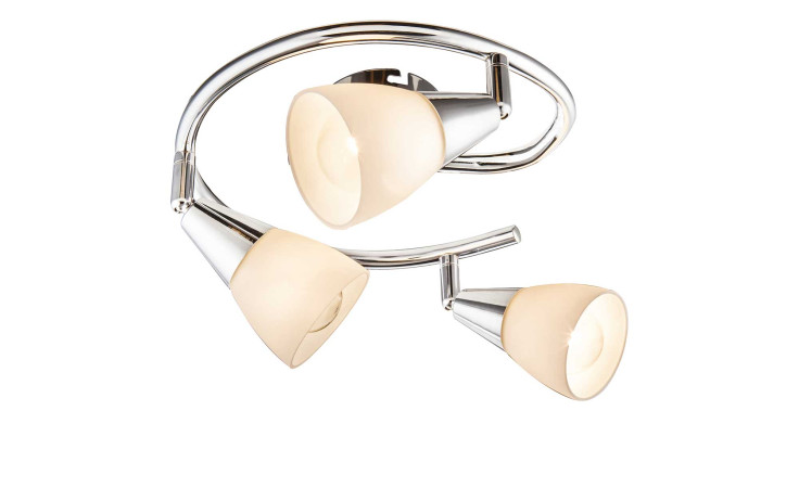 Globo Strahler Tadeus 25 cm: Deckenleuchte mit drei Glühbirnen, silbernen Metallarmen und mattierten Glasschirmen, von unten gesehen.