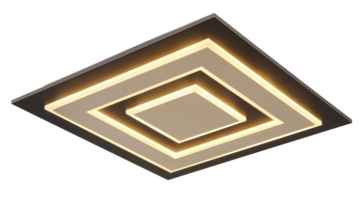 Globo LED-Deckenleuchte Jayden 48 cm in schwarz mit leuchtenden Rechtecken, von unten vor weißem Hintergrund.