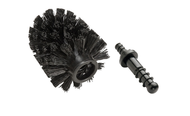Ersatz-WC-Bürste mit rundem Kopf und Griff aus schwarzem Kunststoff auf weißem Hintergrund.