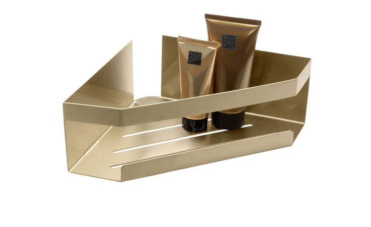 Dusch-Eckablage Meleto aus goldfarbenem Edelstahl hält zwei bronzefarbene Tuben auf weißem Hintergrund.