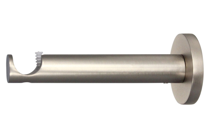 Gardinenträger Function 12 cm / 20 mm, Wandhalter aus gebürstetem Metall mit rundem Sockel, offenes Ende, Seitenansicht.