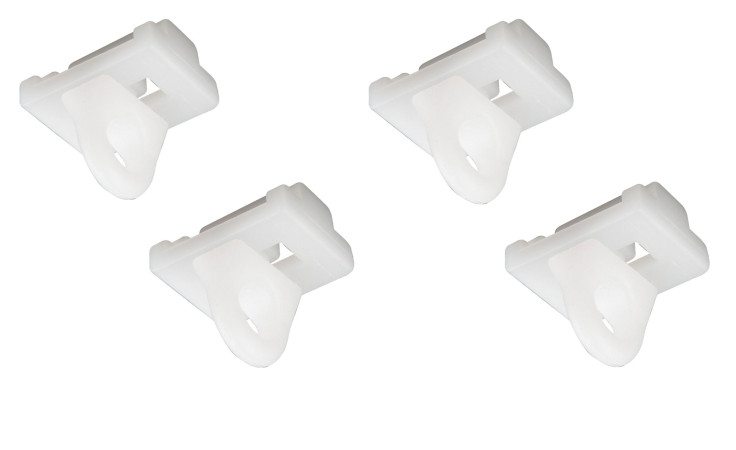 Feststeller 4er-Set: Vier weiße Kunststoffbügel mit abgewinkelten Haken, ideales Gardinenstangenzubehör, auf weißem Hintergrund.