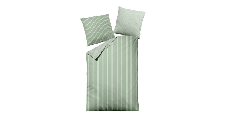 Mondo Satin-Bettwäsche MONDO 155x220 cm, hellgrün gestreiftes Set mit Kissenbezug & Bettdeckenbezug, auf weißem Hintergrund.