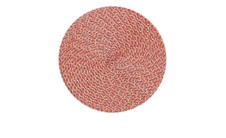 Tischset Mandala 38 cm, rundes gewebtes Tischset aus rotem und beigem Kunststoff, Durchmesser 38 cm, auf weißem Hintergrund.