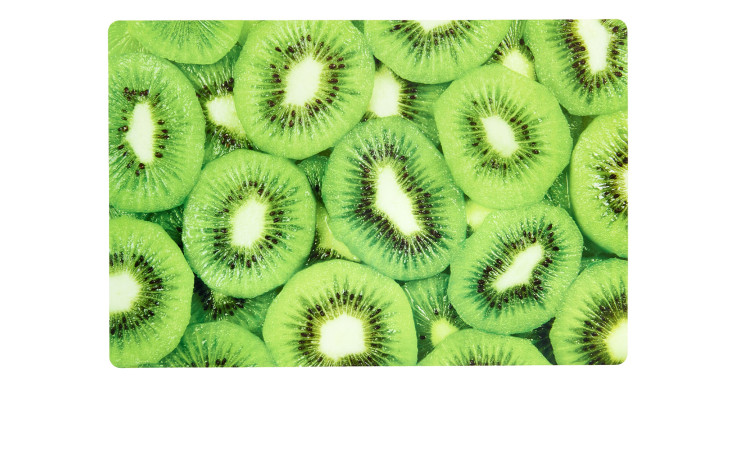 Nahaufnahme des Tischsets Sommerfrüchte Kiwi 45 x 30 cm mit leuchtend grünen Kiwischeiben und kräftigen schwarzen Kernen.