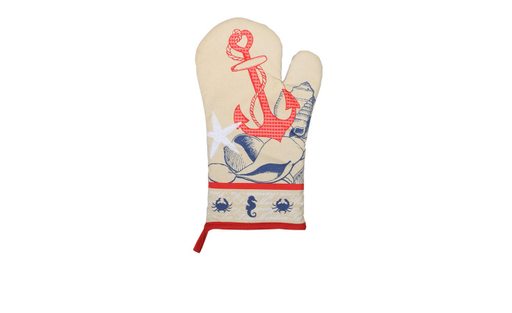 Ofenhandschuh Nautica 18 x 30 cm: Beige mit roten Nähten, Anker, Muschel, Seestern & Krabbe verziert.