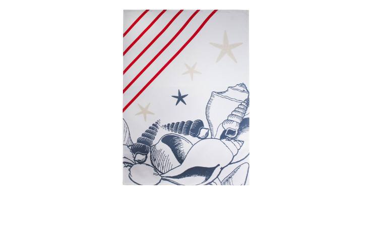 Geschirrtuch Nautica 50x70 cm: Weiß mit roten Streifen, beigen & blauen Sternen sowie maritimen Motiven unten.