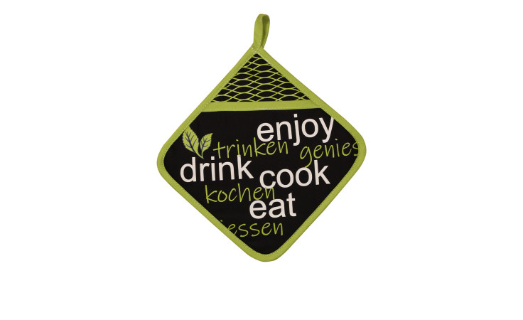 Der schwarze Topflappen Enjoy 20 x 20 cm mit Eingriff hat grüne Verzierungen und küchenbezogene Begriffe.