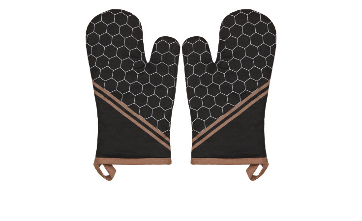 Zwei Ofenhandschuhe 18 x 30 cm, brauner Rand, Sechseckmuster, nebeneinander auf weißem Grund.