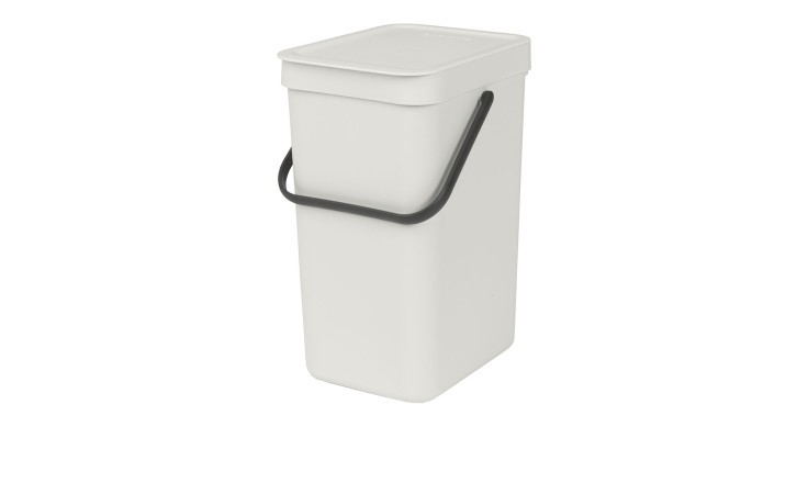 Abfalleimer Sort & Go 12 l: hellgrauer Kunststoff mit Deckel und schwarzem Griff, vor weißem Hintergrund.