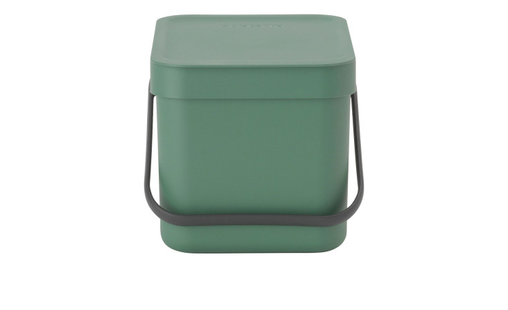 Ein grüner Abfalleimer Sort & Go 6 l aus Kunststoff mit schwarzem Griff und Deckel vor weißem Hintergrund.