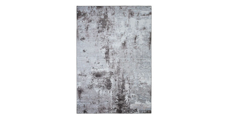 Der Teppich Lago 240 x 340 cm zeigt ein abstraktes, strukturiertes Muster in Grau und Weiß auf weißem Hintergrund.