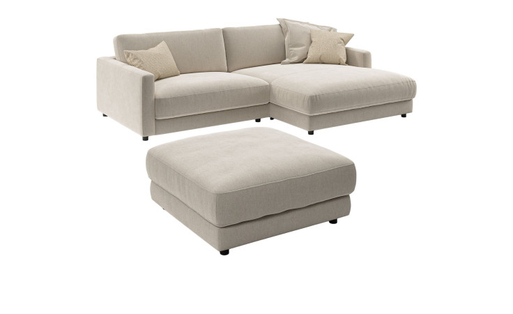 LASCONDO Komfort-Wohnlandschaft Hagerstown 2.0: Beiges Ecksofa mit Recamière rechts, schmalen Armlehnen und Hocker.