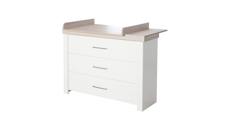Wickelkommode Lucy mit 3 Schubladen, in der Farbe Weiß und einer Auflage in Luna Elm