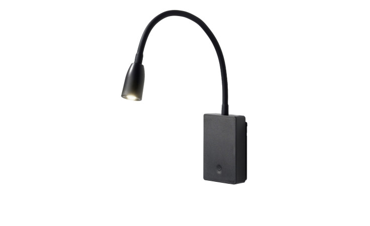 Die LED-Leseleuchte Spock 49 cm ist eine schwarze, flexible Wandleseleuchte mit rechteckigem Sockel und Leuchtmittel inklusive.