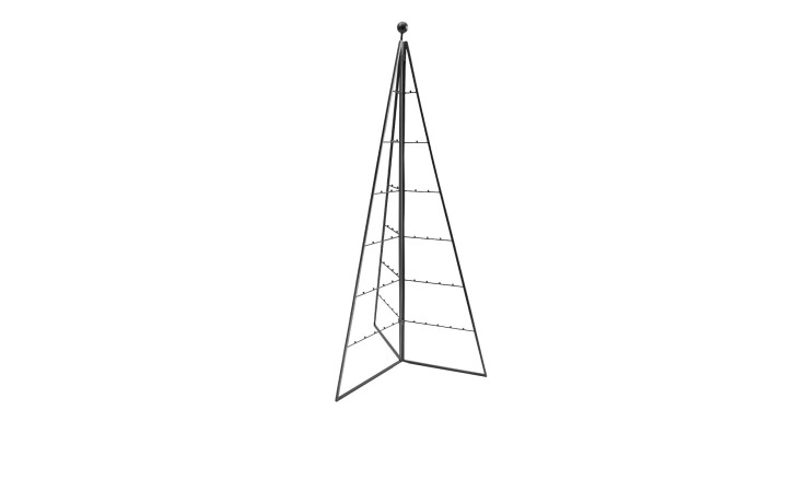 Tannenbaum 150 cm: Minimalistischer Tannenbaum von Eisen Schwarz mit Metalldrahtgestell auf weißem Hintergrund.