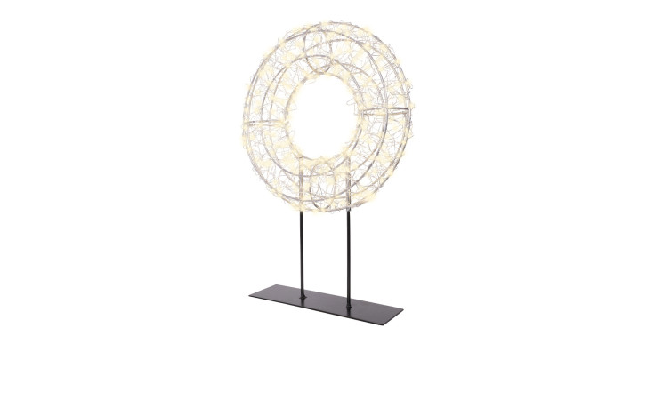 Der LED-Kranz mit Ständer 38 cm ist eine silberfarbene runde Leuchte auf einem schwarzen Ständer, die wie ein Kranz leuchtet.