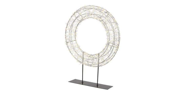 Der LED-Kranz mit Ständer 51 cm ist ein silberfarbener Kranz mit weißen LEDs auf einem schwarzen Metallständer.