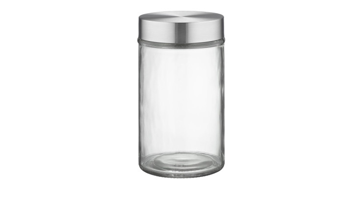 Das Casa Nova Aufbewahrungsglas 18 x 10 cm besteht aus einem transparenten Glas mit einem runden Metalldeckel auf weißem Hintergrund.