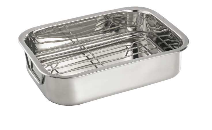 Die Bongusto Metall-Bratreine 37,6 x 7 x 27 cm mit abnehmbarem Gestell ist auf weißem Hintergrund abgebildet.