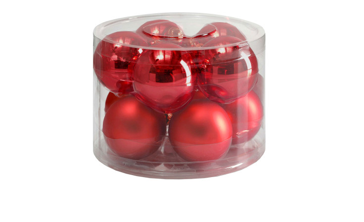 Eine durchsichtige Box enthält 10 Christbaumkugeln von Rot Glas, jede glänzend oder matt mit einem Durchmesser von 6 cm.