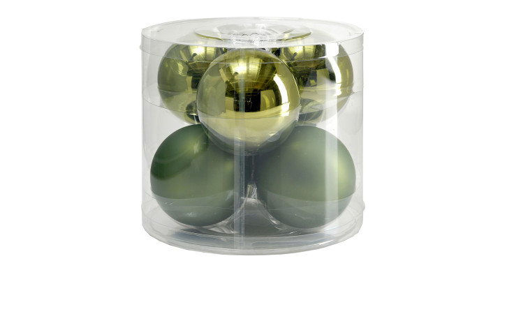 Die Christbaumkugel-Box 6er-Set enthält sechs 8 cm große grüne Glasornamente in glänzender und matter Ausführung.