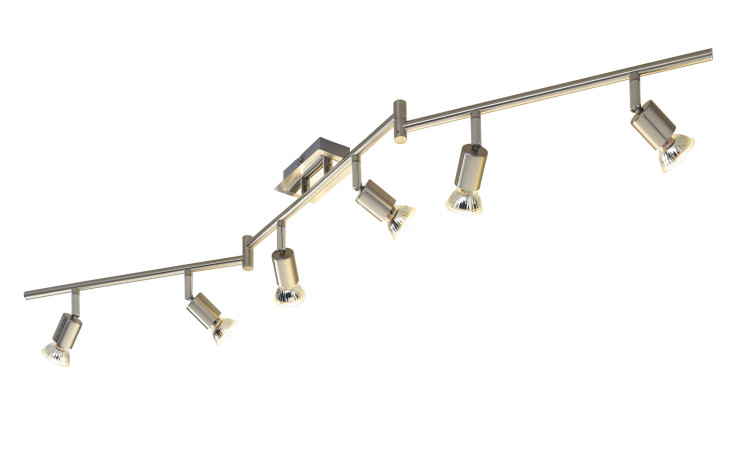 Casa Nova LED-Spot Bob II: silberfarbene Metall-Deckenschiene mit 6 verstellbaren Spots, inklusive Leuchtmittel, auf weißem Hintergrund.