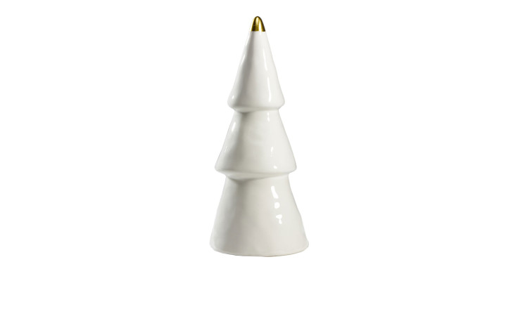 Weihnachtsbaum 8,5 x 20 x 8,5 cm: Weißer Keramikbaum mit Goldspitze und glattem, modernem, minimalistischem Design.